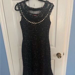 Emanuel Ungaro Black Tweed Midi Dress with Fringe Neckline